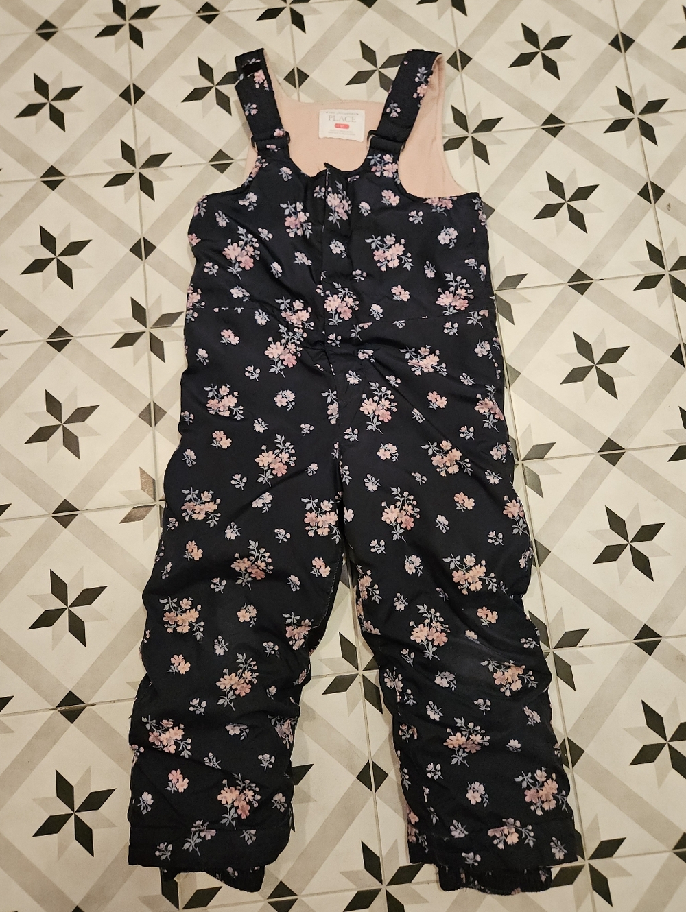 The Children's Place Navy Floral Insulated Bib Overalls with Pink Lining